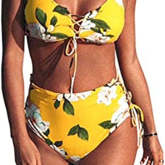 Cupshe swim bikini bottoms - High rise -XXL - Yellow with white floral details - Picture 7 of 9